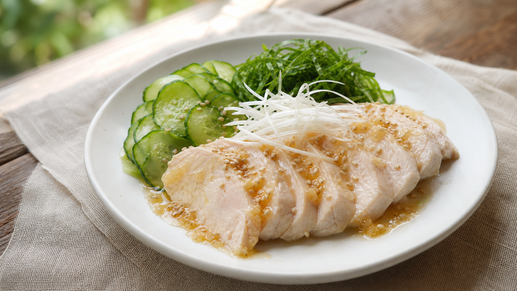 麹甘酒だれをかけた蒸し鶏と香味野菜