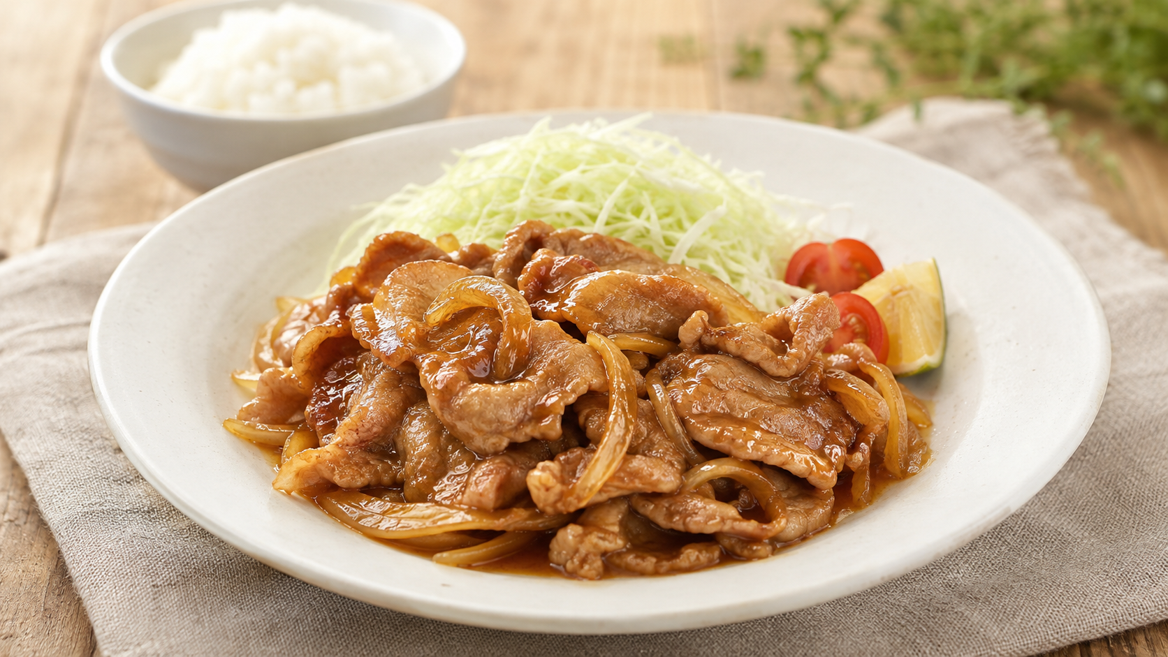 淡路産たまねぎ麹を使った豚こま生姜焼きと千切りキャベツ