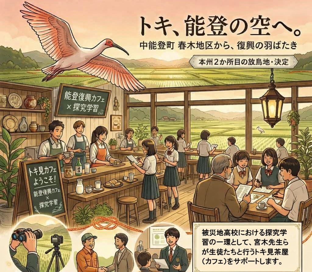 被災地高校における探究学習の一環として、宮木先生らが生徒たちと行うトキ見茶屋（カフェ）をサポートします